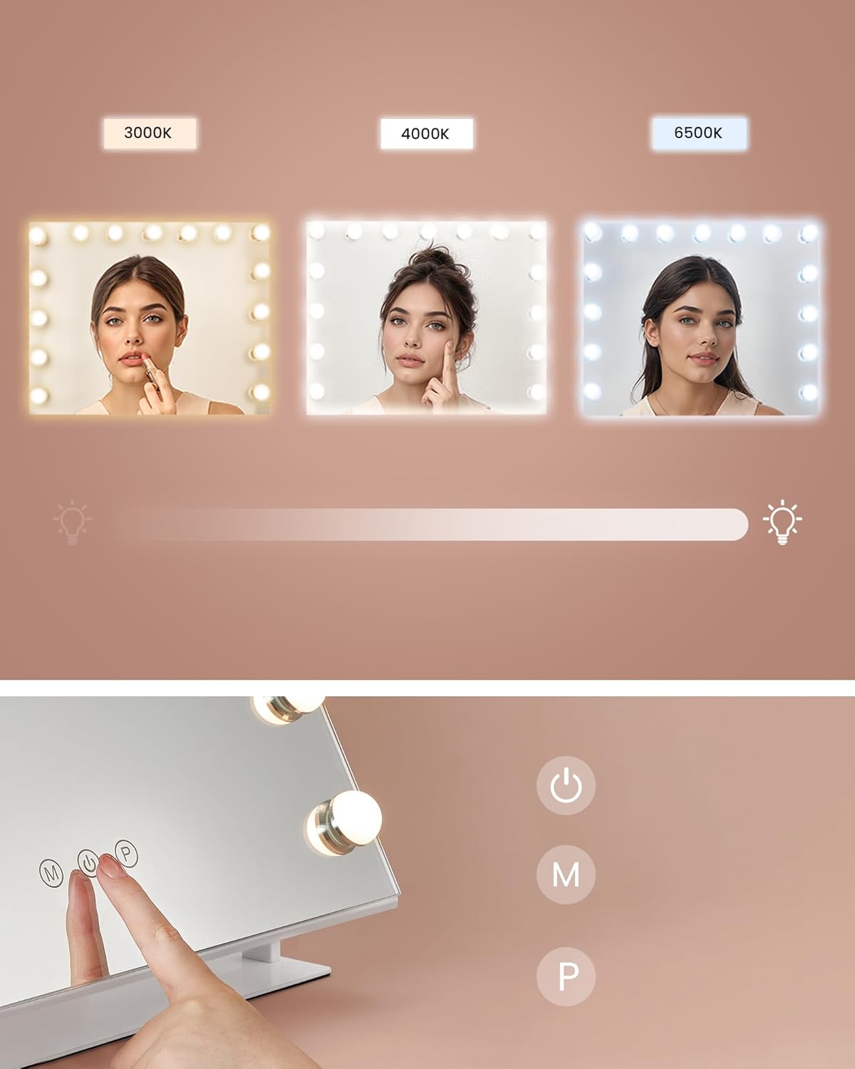 SONGMICS ogledalo za šminkanje s rasvjetom, 58 x 43 cm, 15 LED žarulja, mat bijelo