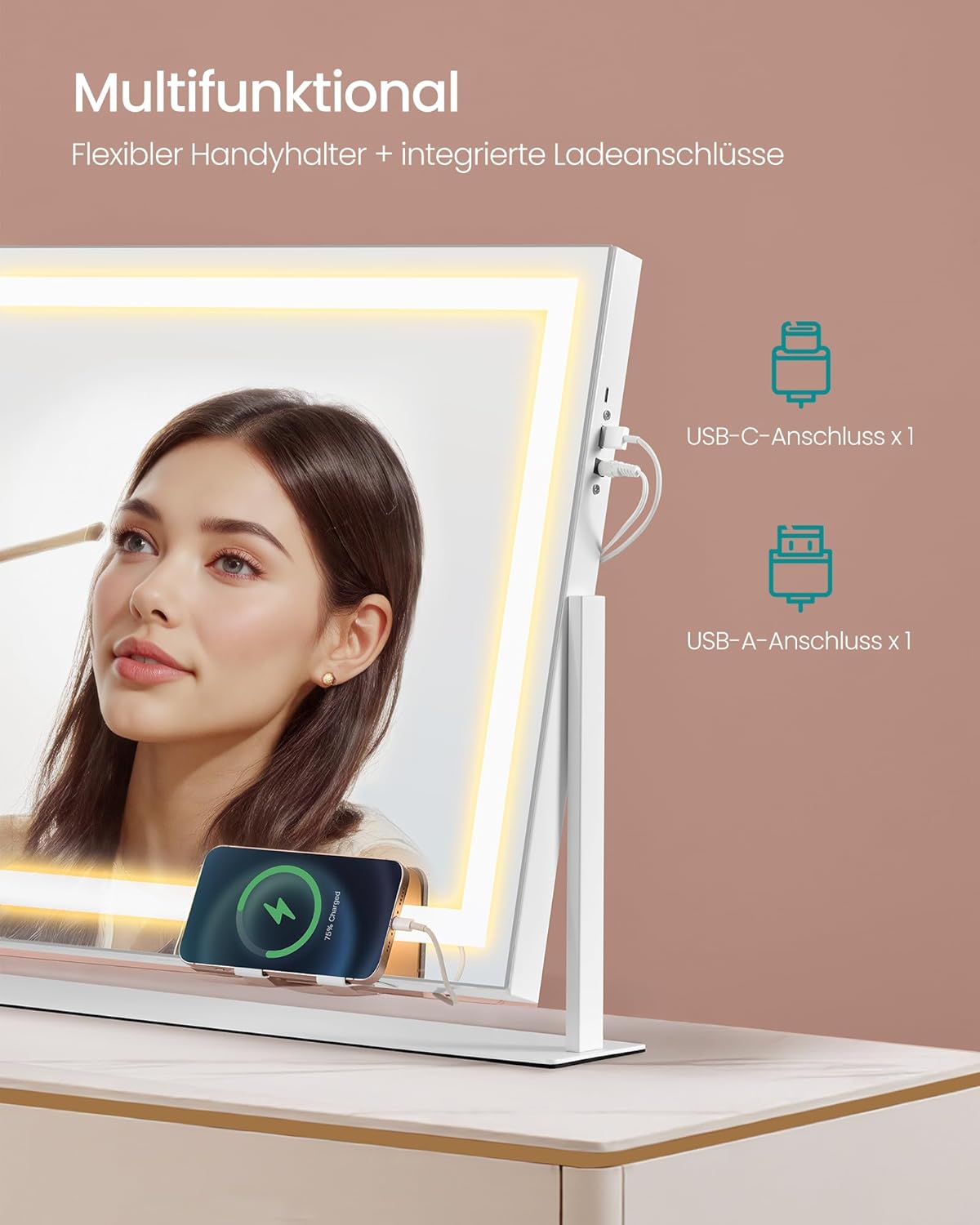 SONGMICS ogledalo za šminkanje s rasvjetom, kozmetičko LED ogledalo, 58 x 43 cm