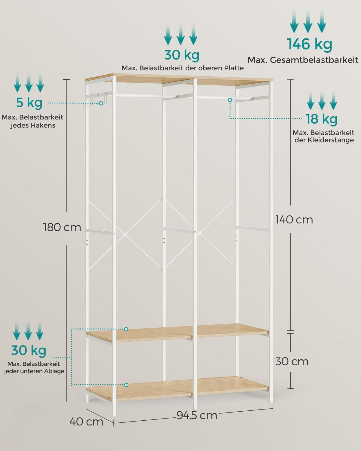 SONGMICS otvoreni ormar za odjeću s vješalicom i policama, 40 x 94,5 x 180 cm, bež