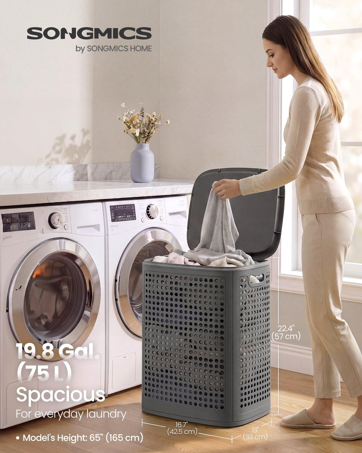SONGMICS plastična košara za rublje s poklopcem, 75 L, tamnosiva