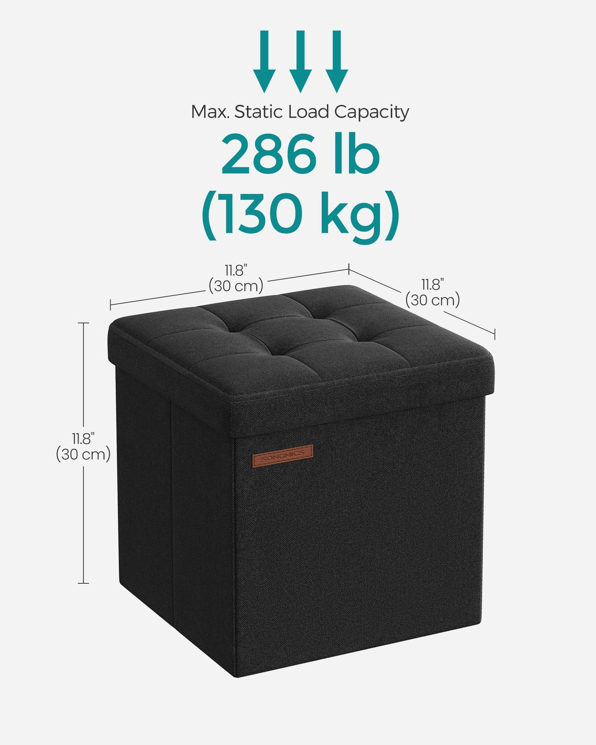 SONGMICS preklopivi puf s prostorom za pohranu, 30 cm – do 130 kg, može se koristiti i kao oslonac za noge, crna kao tinta