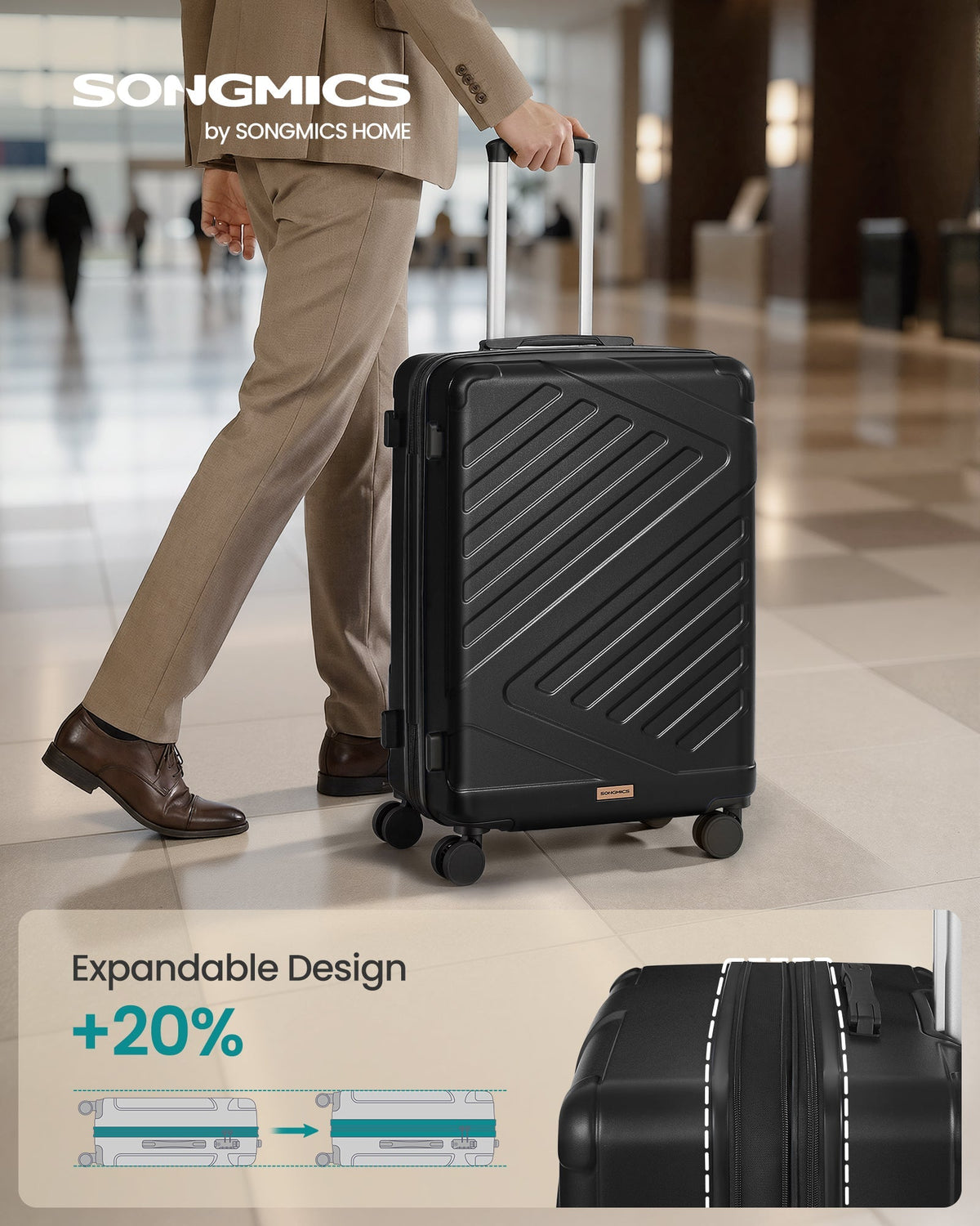 SONGMICS proširivi kovčeg s tvrdom školjkom i TSA bravom, 65 cm (65 – 80 L), tintno crna