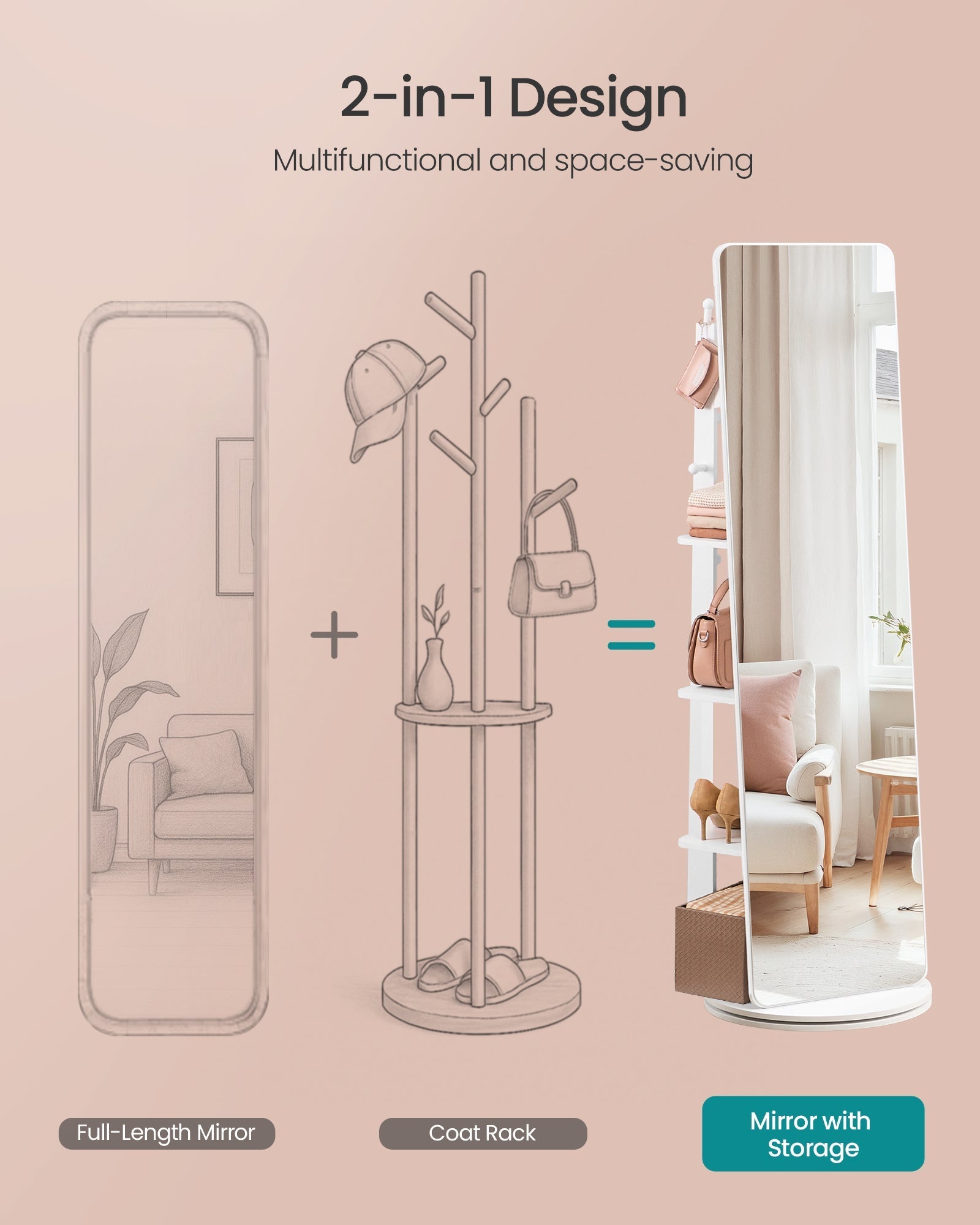 SONGMICS samostojeće ogledalo, okretno za 360°, 163 x 45 cm, oblačno bijela