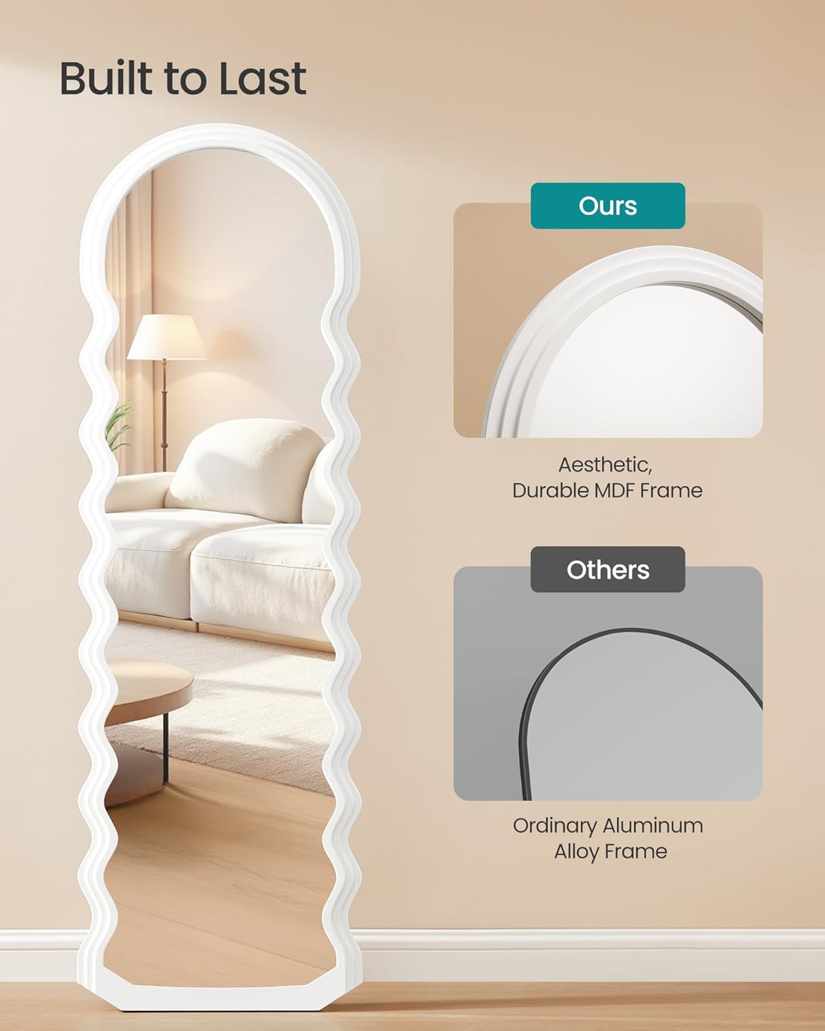 SONGMICS samostojeće ogledalo, valoviti oblik s postoljem, 160 x 50 cm, bijelo