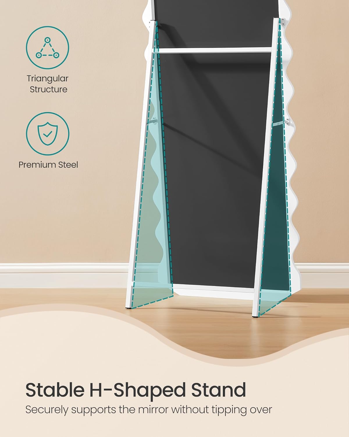 SONGMICS samostojeće ogledalo, valoviti oblik s postoljem, 160 x 50 cm, bijelo