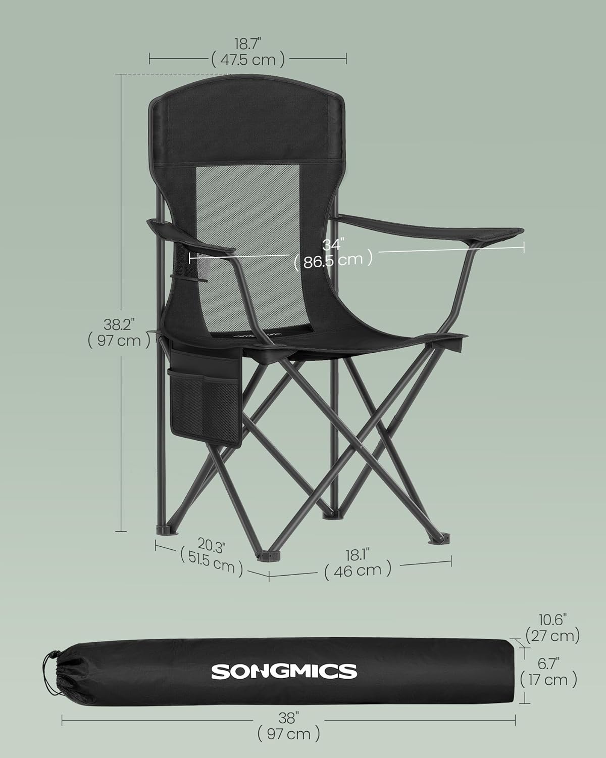 SONGMICS set kamperskih stolica (2 kom), sklopive vanjske stolice, crne boje