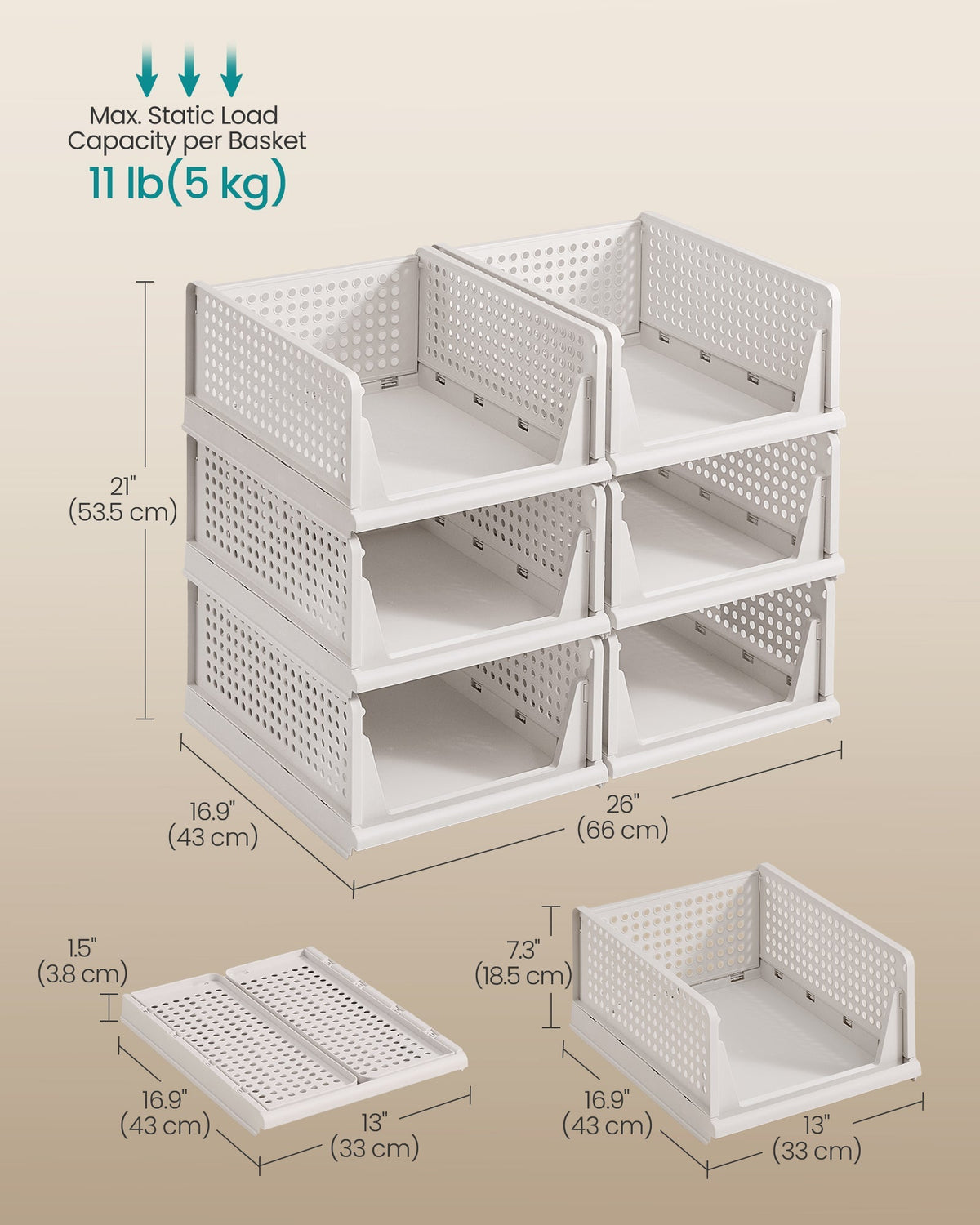 SONGMICS set košara za odlaganje odjeće koje se slažu jedna na drugu (6 kom), 43 x 33 x 18,5 cm, bijela