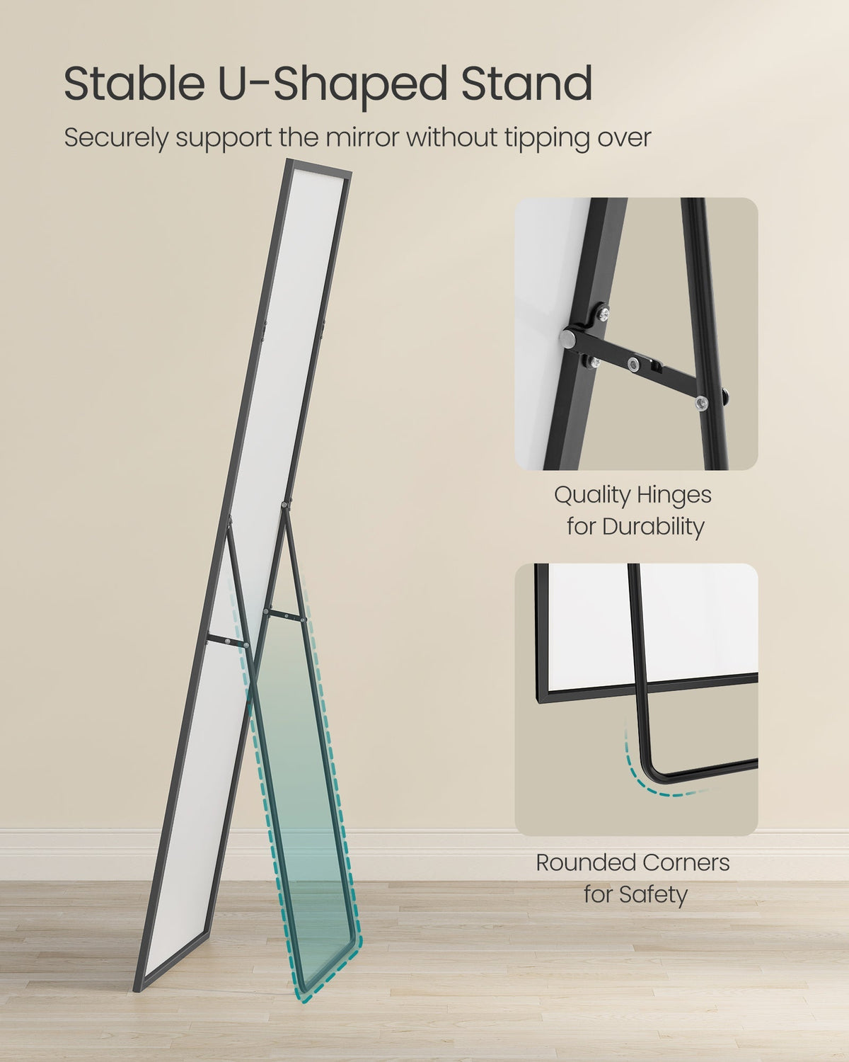 SONGMICS stajaće cjelotjelesno zrcalo s aluminijskim okvirom, 160 x 50 cm, mat crna