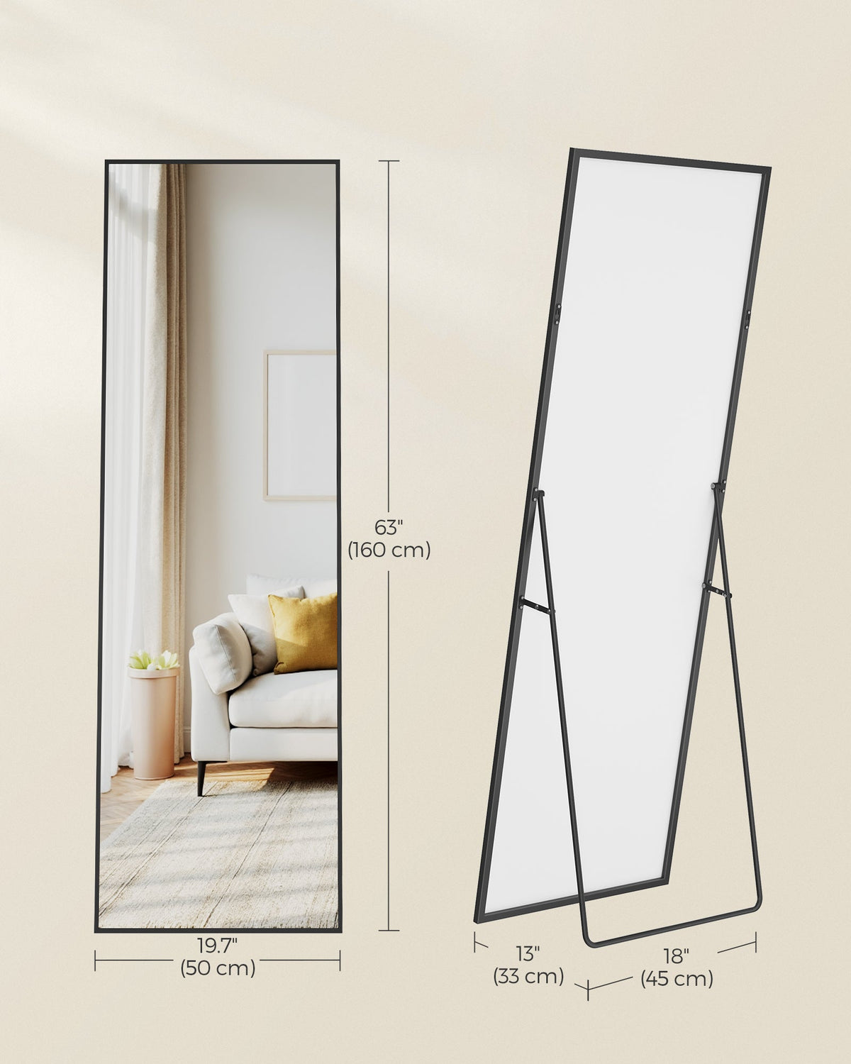 SONGMICS stajaće cjelotjelesno zrcalo s aluminijskim okvirom, 160 x 50 cm, mat crna