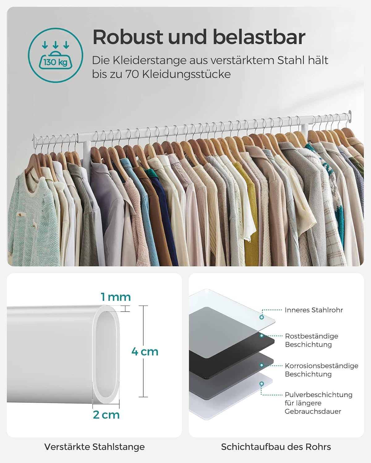 SONGMICS stalak za odjeću na kotačima, šipka na izvlačenje, max. 130 kg nosivost, mat bijela