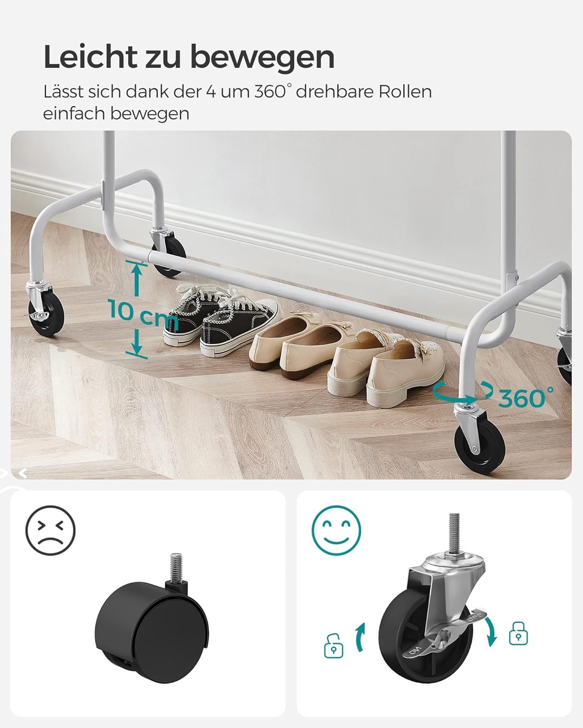 SONGMICS stalak za odjeću na kotačima, šipka na izvlačenje, max. 130 kg nosivost, mat bijela
