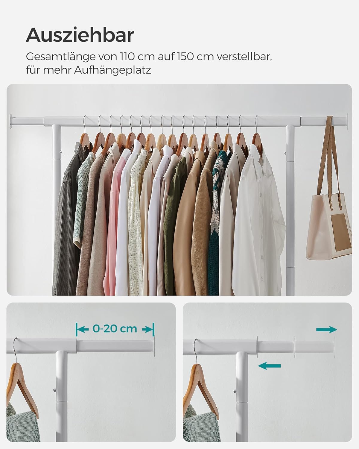 SONGMICS stalak za odjeću na kotačima, šipka na izvlačenje, max. 130 kg nosivost, mat bijela