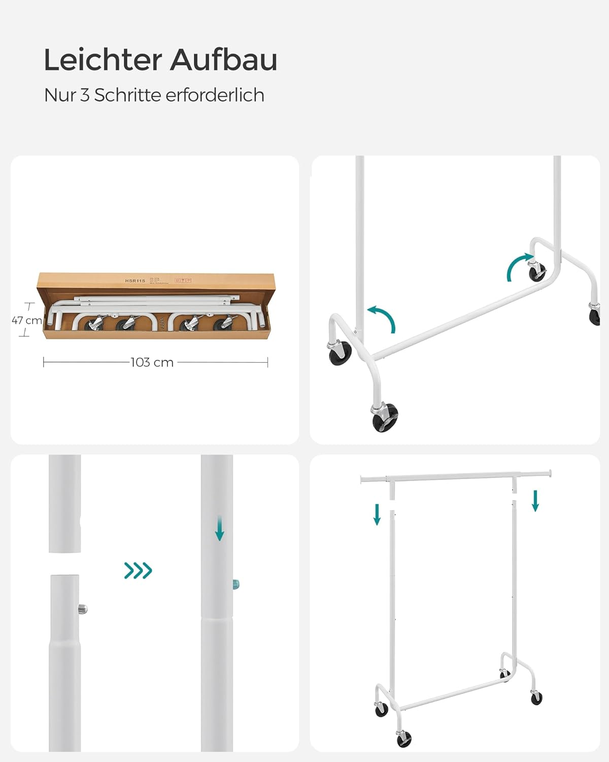 SONGMICS stalak za odjeću na kotačima, šipka na izvlačenje, max. 130 kg nosivost, mat bijela
