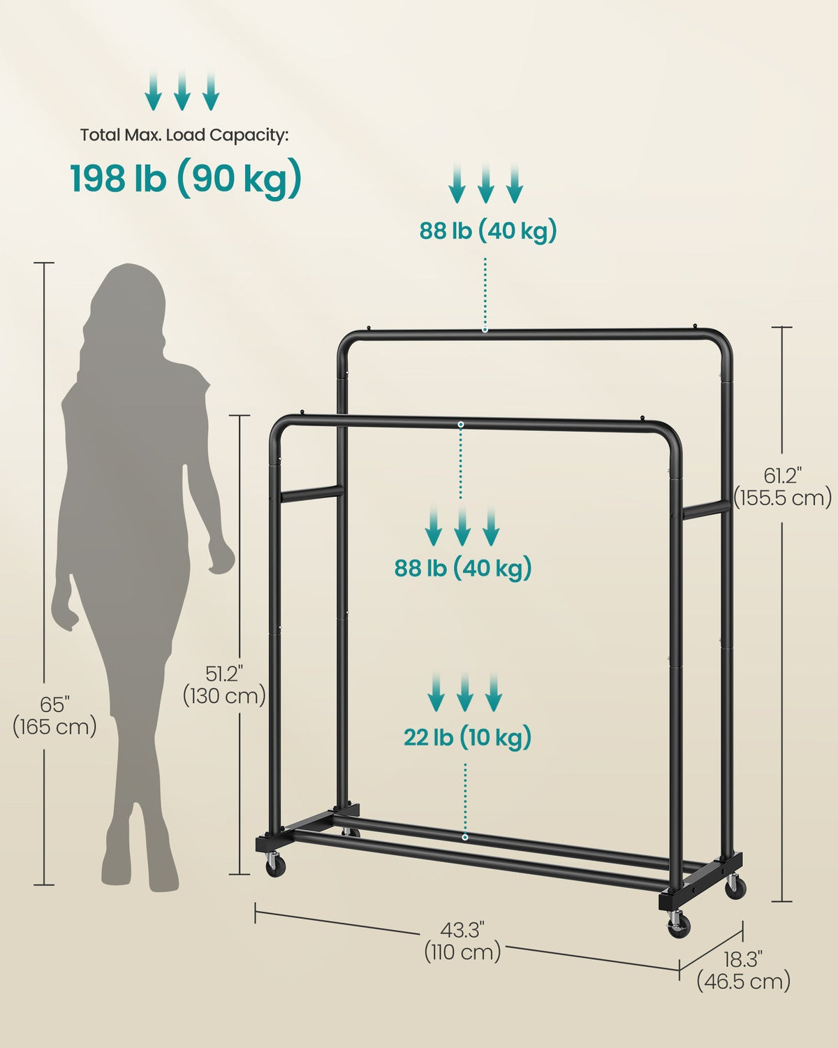 SONGMICS stalak za odjeću s dvostrukom šipkom na kotačima, 110 cm, tintno crni