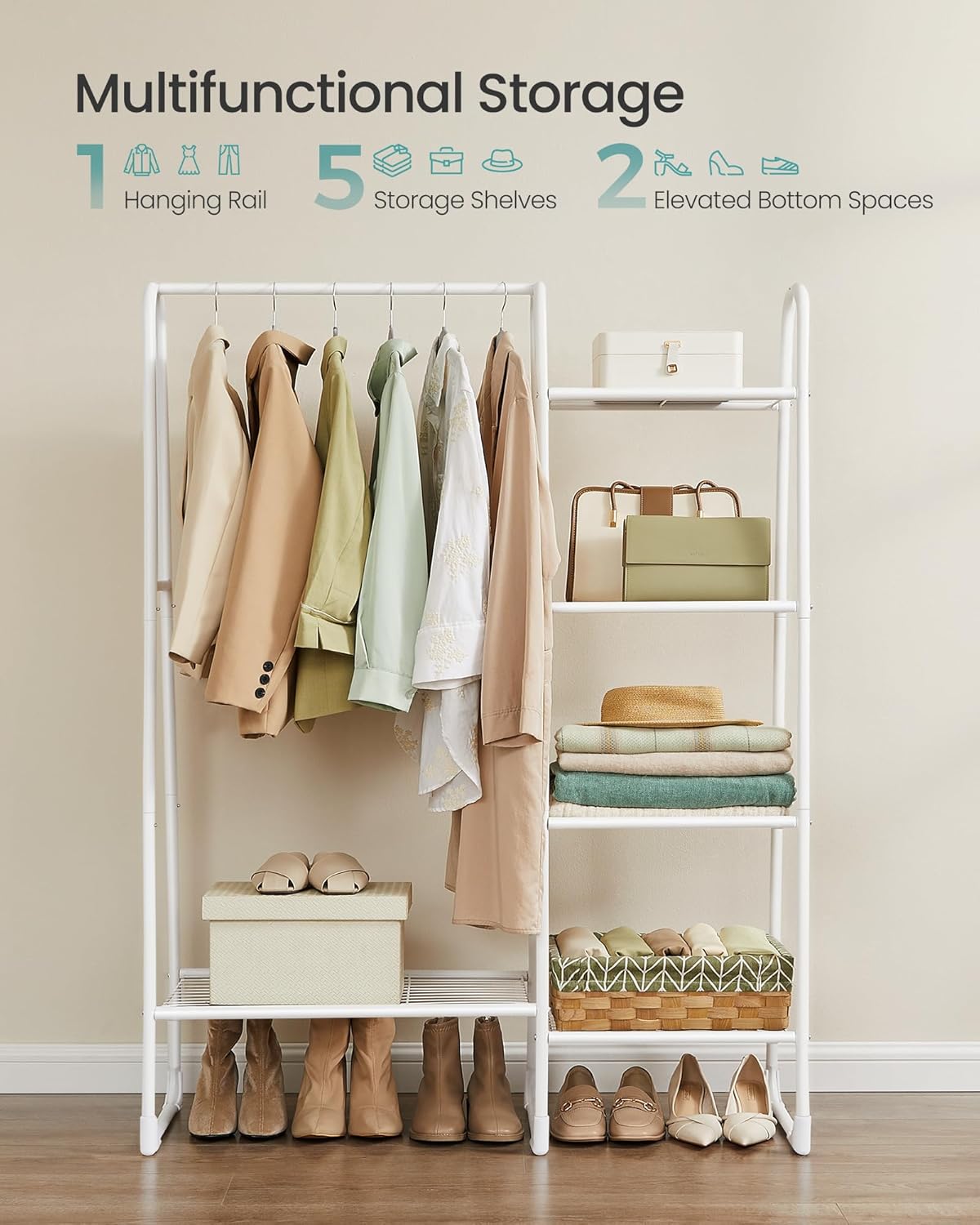 SONGMICS stalak za odjeću sa šipkom i 5 polica, 40×101×153 cm, bijeli