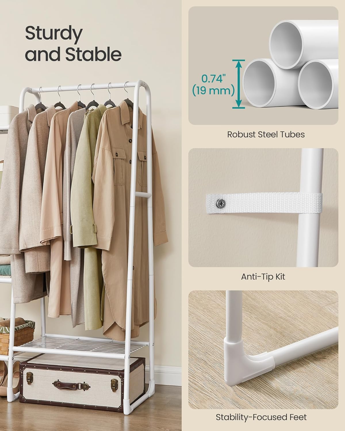 SONGMICS stalak za odjeću sa šipkom i 5 polica, 40×101×153 cm, bijeli