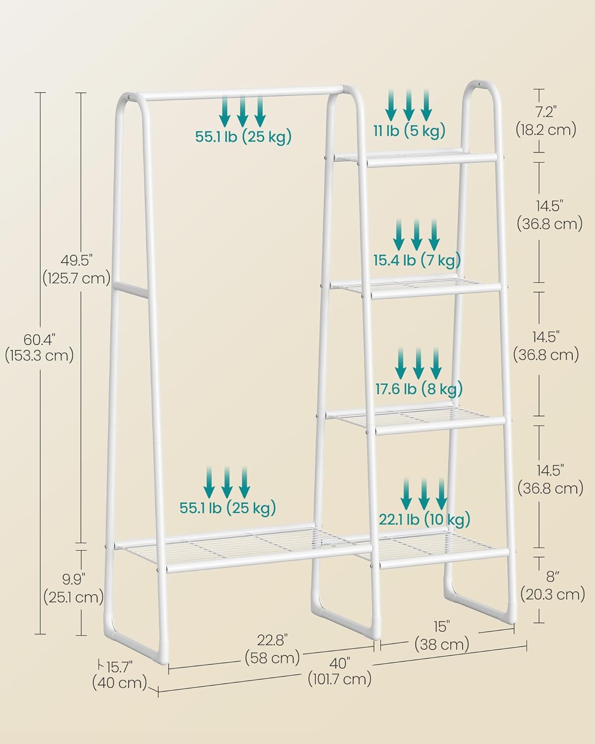 SONGMICS stalak za odjeću sa šipkom i 5 polica, 40×101×153 cm, bijeli