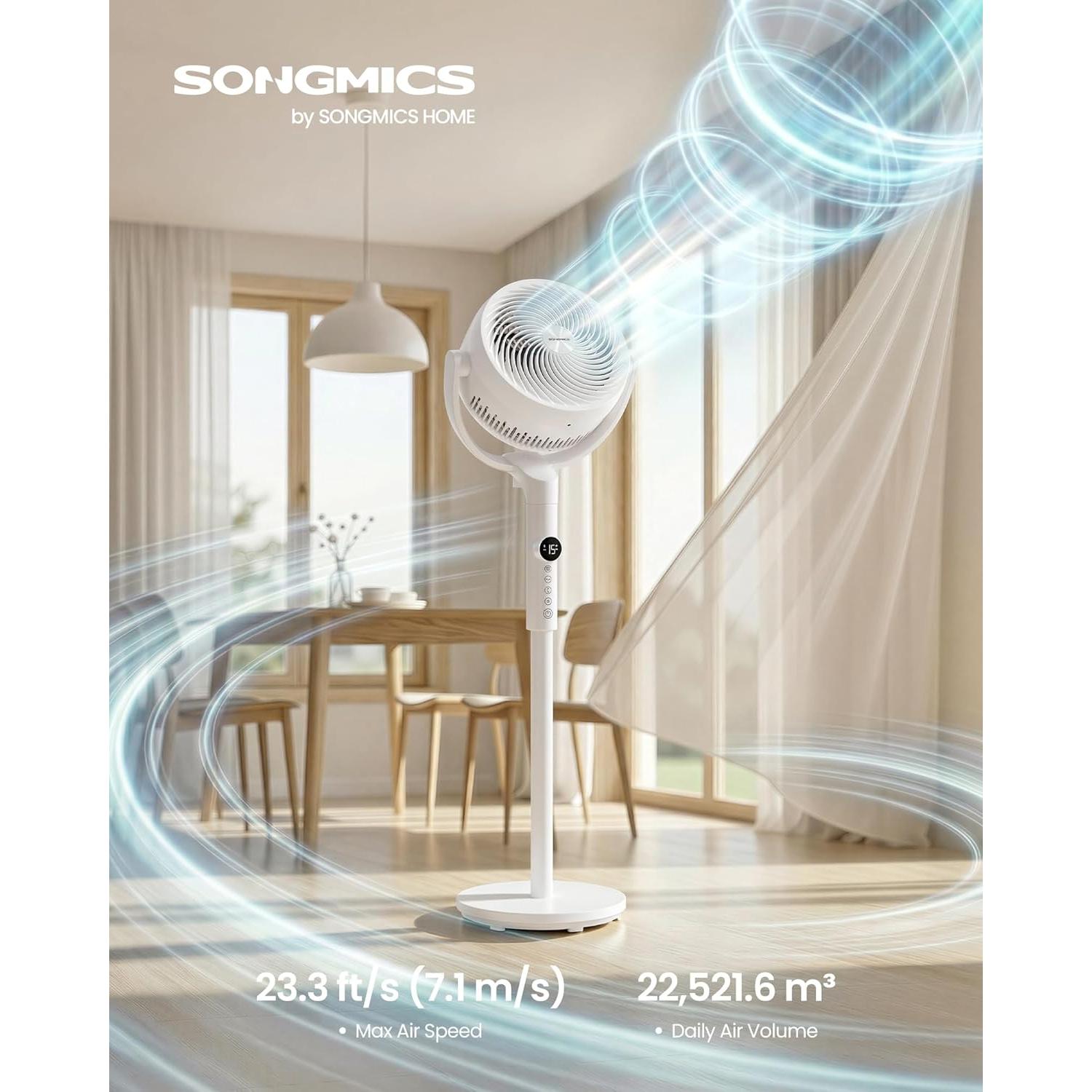 SONGMICS stojeći ventilator, tihi (20 dB) ventilator s postoljem i daljinskim upravljačem, bijeli