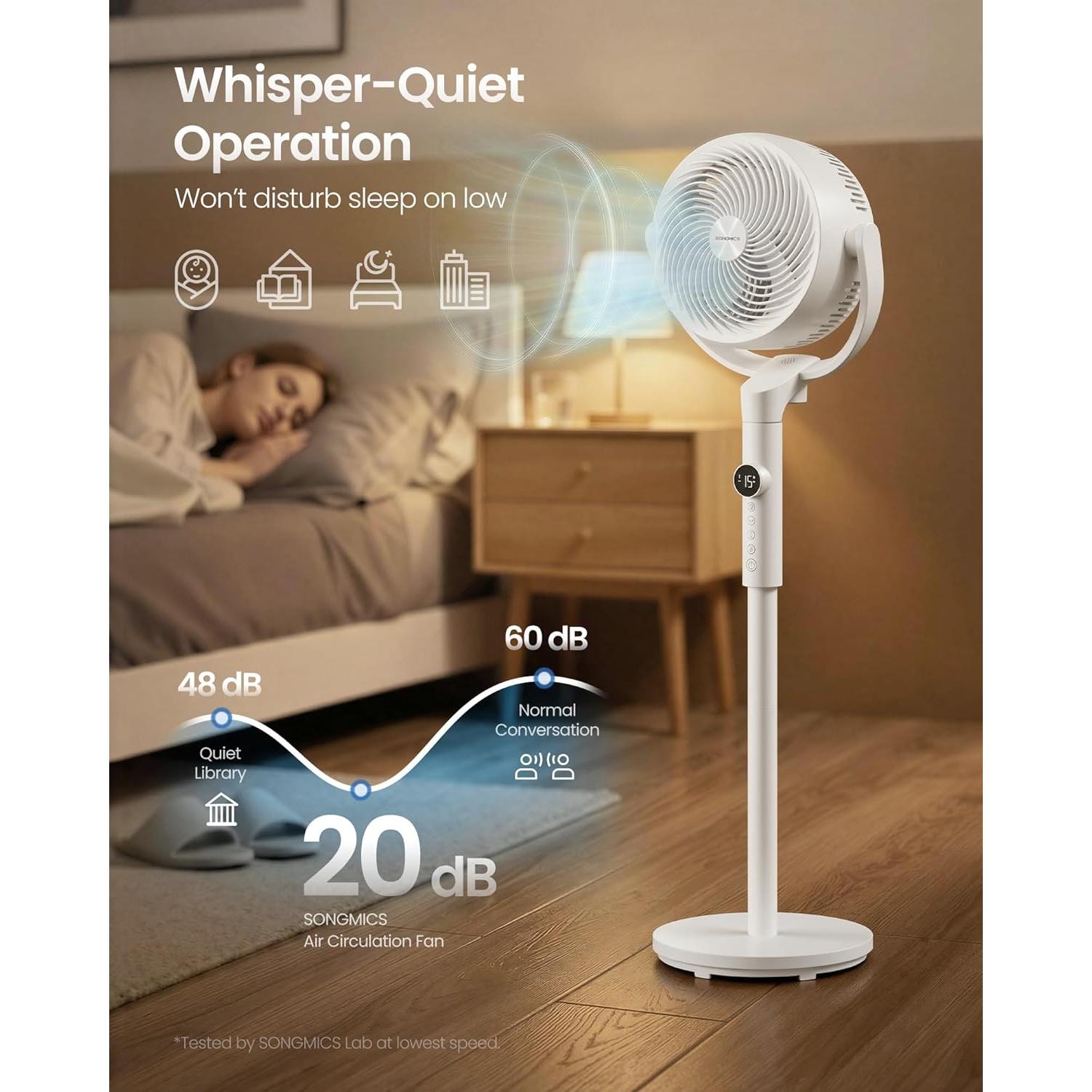 SONGMICS stojeći ventilator, tihi (20 dB) ventilator s postoljem i daljinskim upravljačem, bijeli