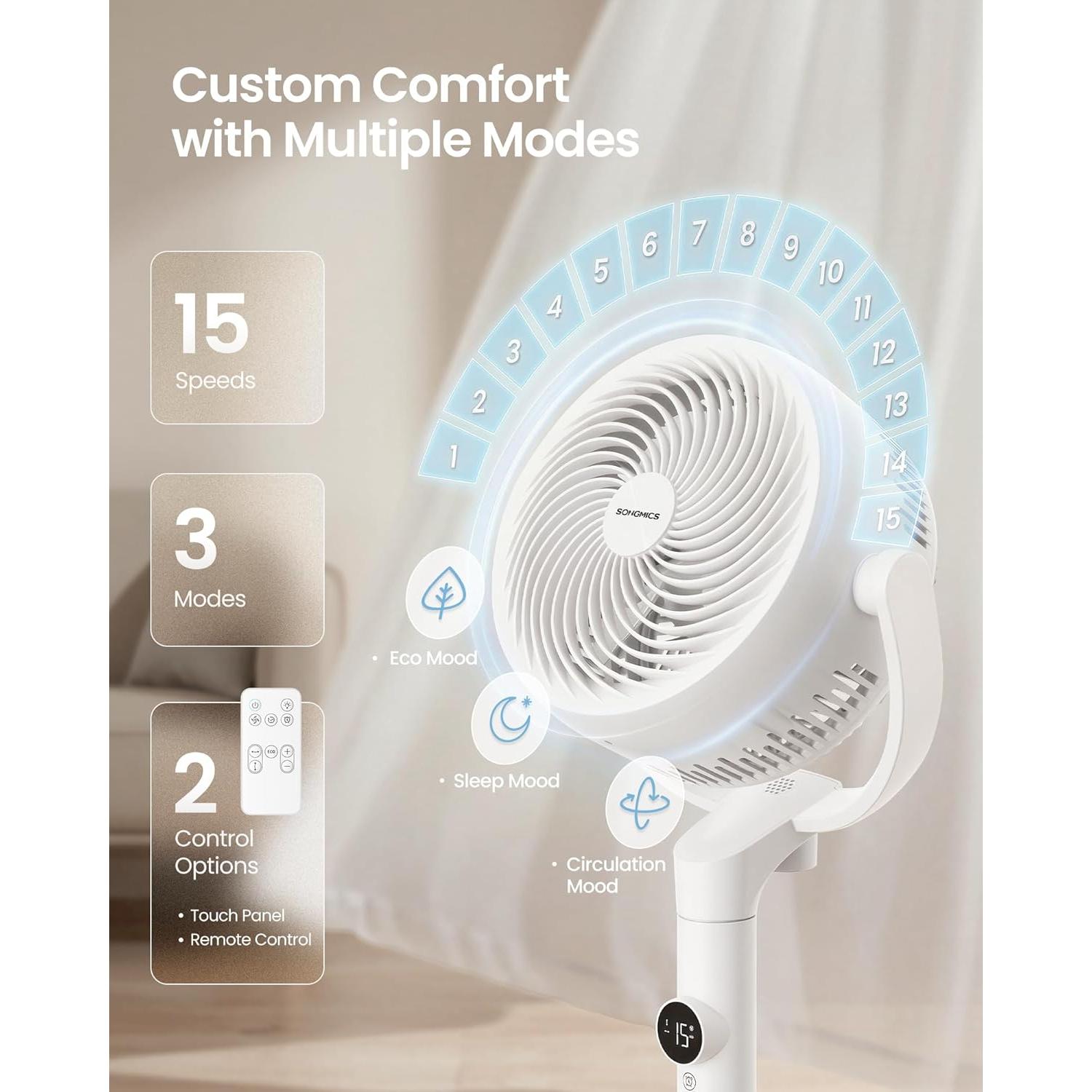 SONGMICS stojeći ventilator, tihi (20 dB) ventilator s postoljem i daljinskim upravljačem, bijeli