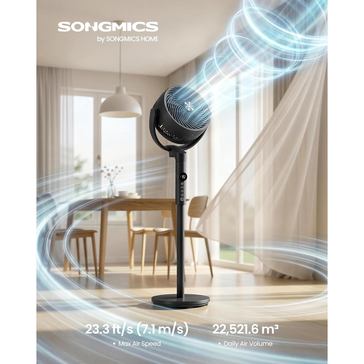 SONGMICS stojeći ventilator, tihi (20 dB) ventilator s postoljem i daljinskim upravljačem, crni