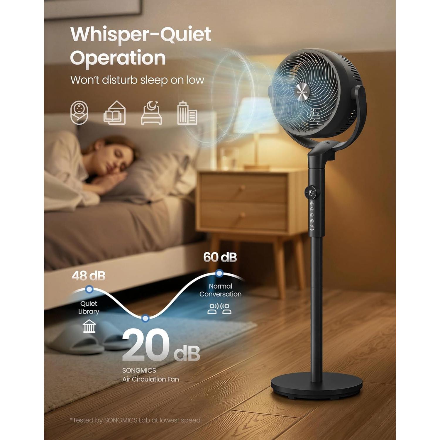 SONGMICS stojeći ventilator, tihi (20 dB) ventilator s postoljem i daljinskim upravljačem, crni