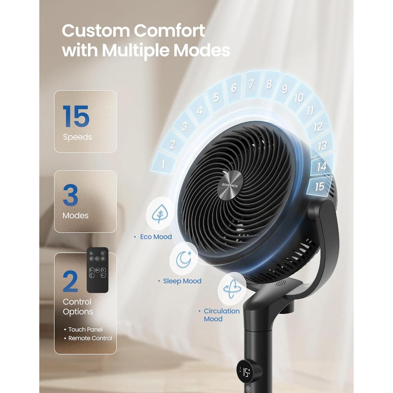 SONGMICS stojeći ventilator, tihi (20 dB) ventilator s postoljem i daljinskim upravljačem, crni