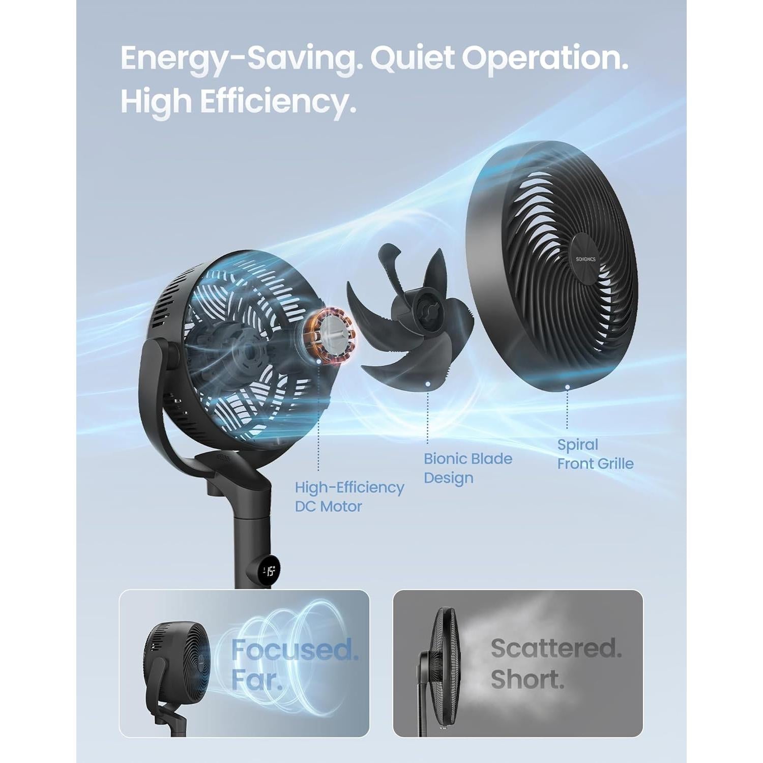SONGMICS stojeći ventilator, tihi (20 dB) ventilator s postoljem i daljinskim upravljačem, crni