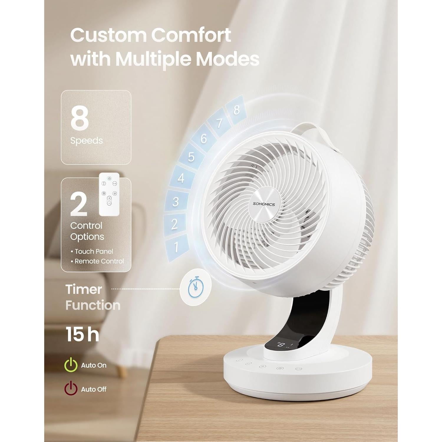 SONGMICS stolni ventilator s cirkulacijom zraka, LED zaslon i daljinski upravljač, bijeli