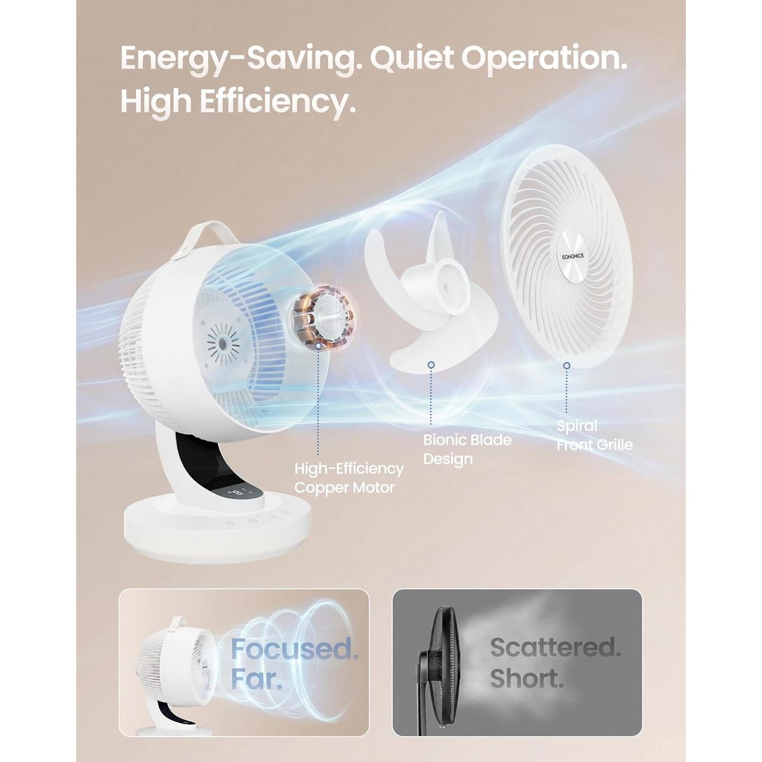 SONGMICS stolni ventilator s cirkulacijom zraka, LED zaslon i daljinski upravljač, bijeli