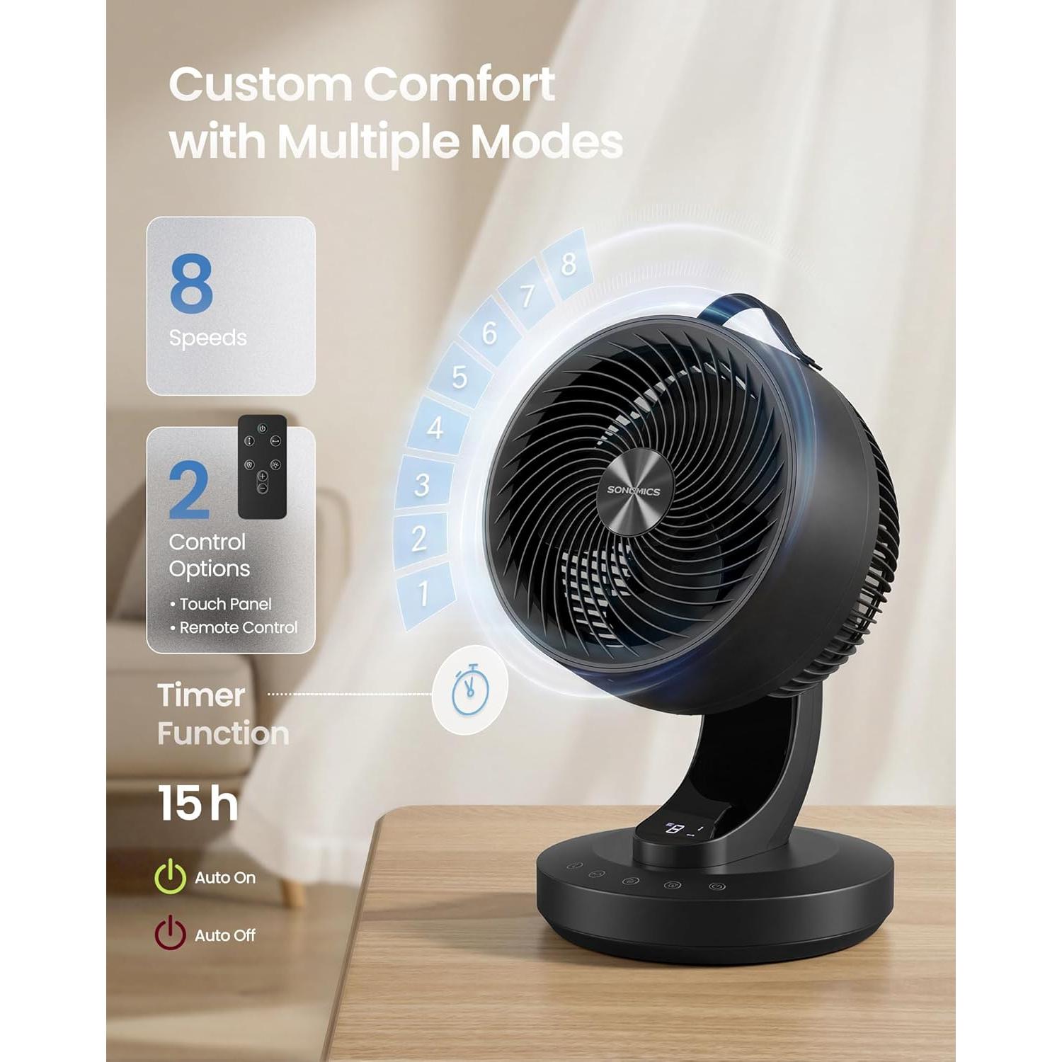 SONGMICS stolni ventilator s cirkulacijom zraka, LED zaslon i daljinski upravljač, crni