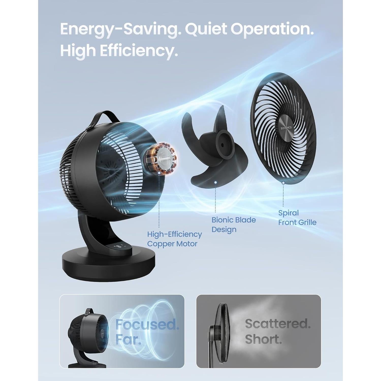 SONGMICS stolni ventilator s cirkulacijom zraka, LED zaslon i daljinski upravljač, crni