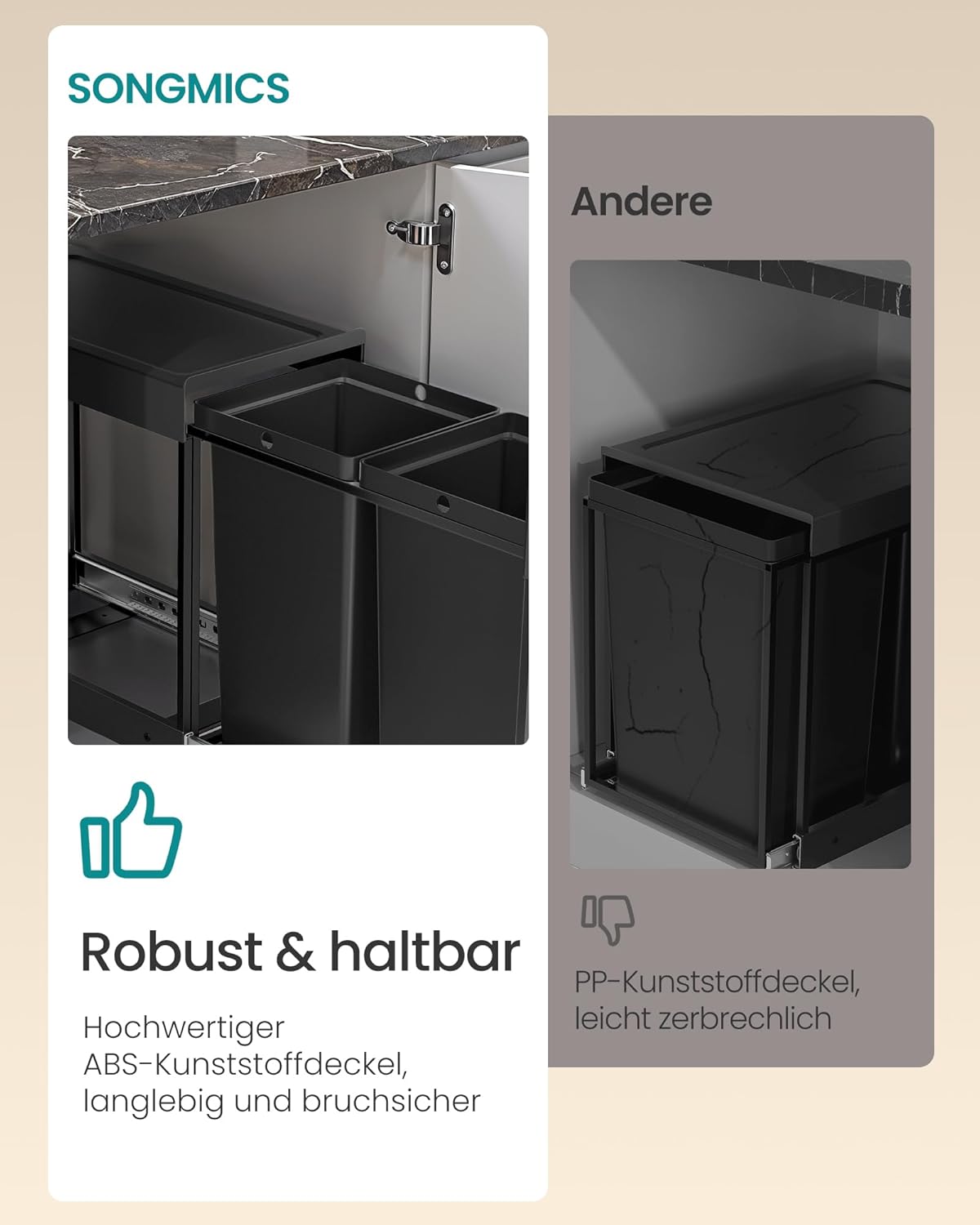 SONGMICS sustav za razvrstavanje otpada za ormarić, 2 x 20 L, crna