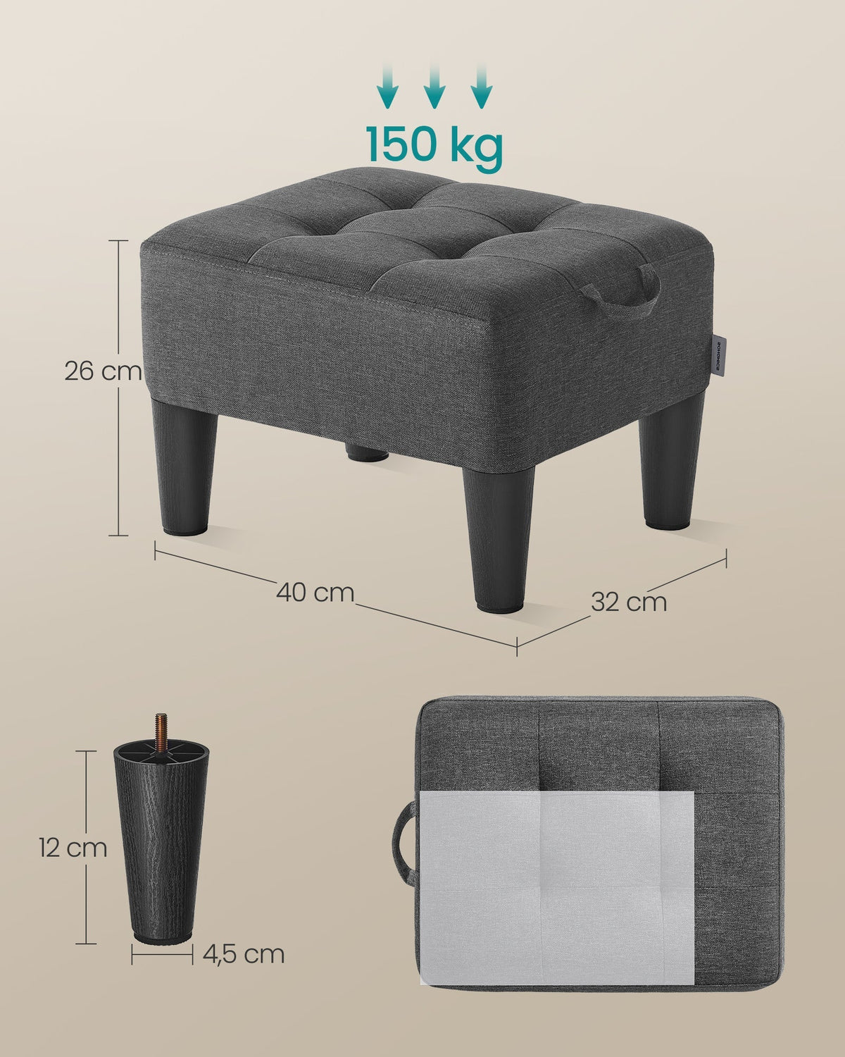 SONGMICS tabure od tkanine s efektom lana s nogicama – za dnevni boravak/spavaću sobu, 150 kg