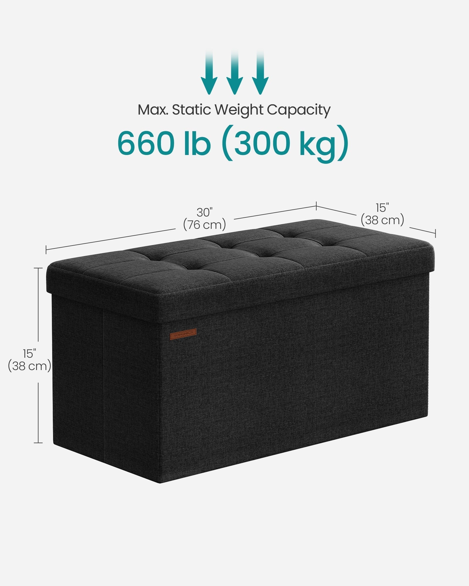 SONGMICS tabure za pohranu, sklopiva klupa, 38×76×38 cm, crna