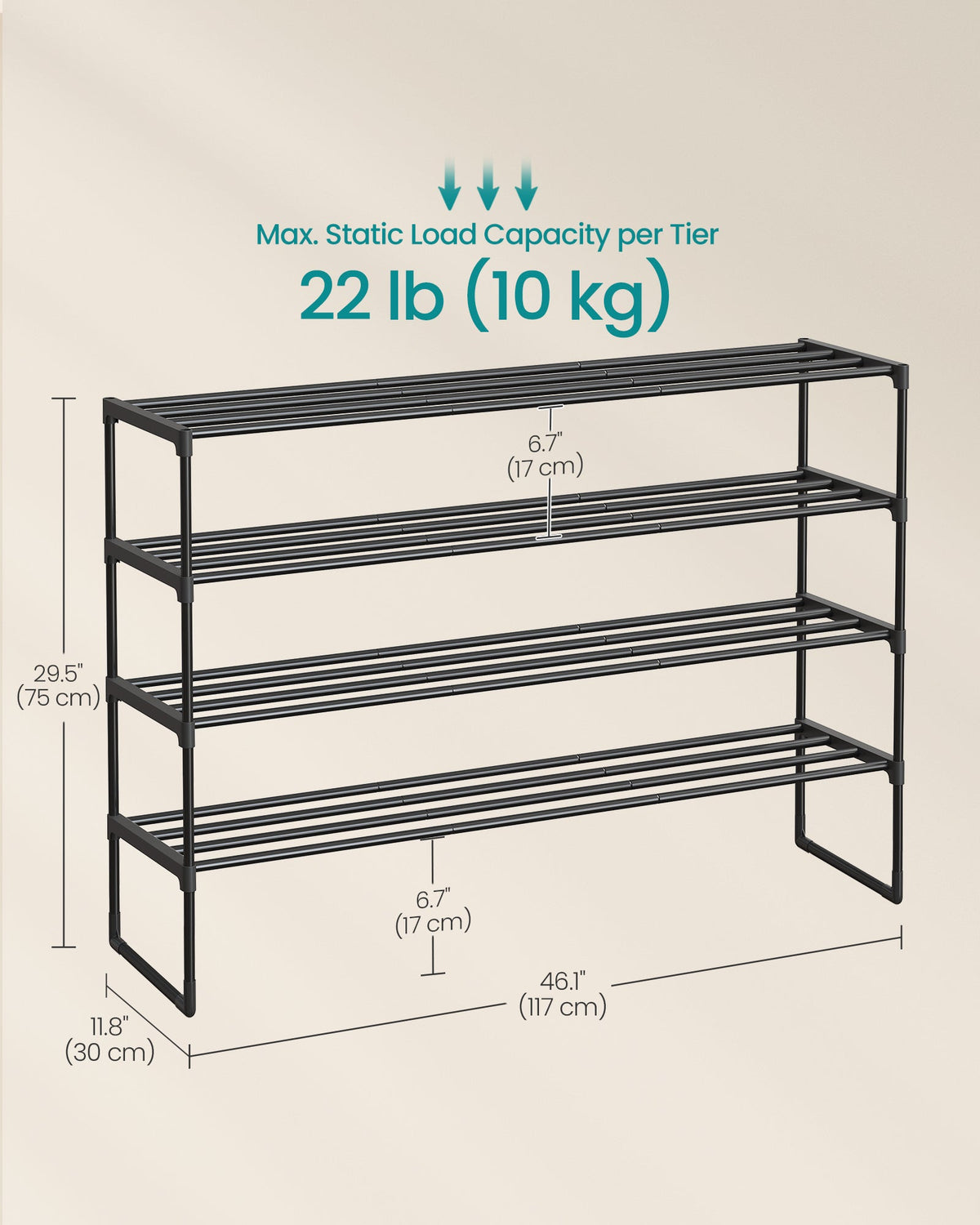 SONGMICS uski stalak za cipele s 4 razine – 25–30 pari, crna, 117 cm, može se slagati jedan na drugi