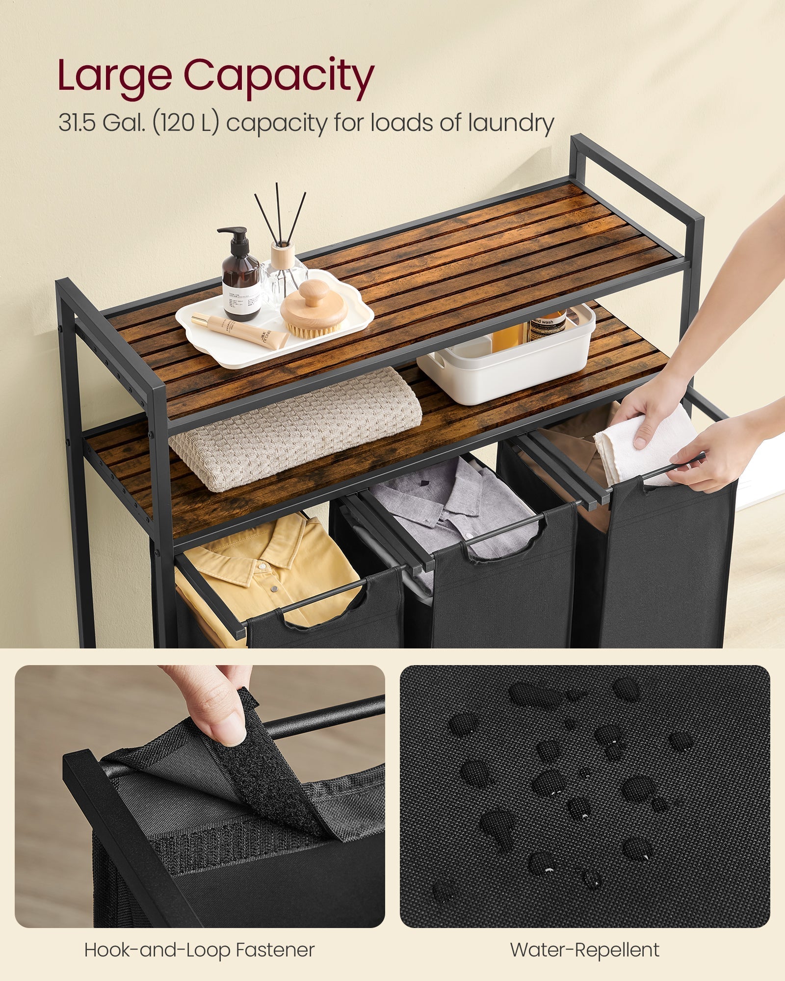 Sortirač rublja, košara za rublje s 3 vreće na izvlačenje, 3 × 40 L, smeđa i crna