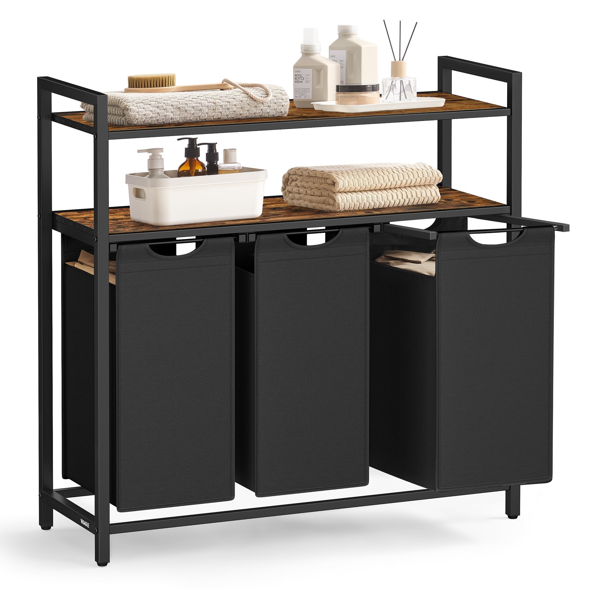 Sortirač rublja, košara za rublje s 3 vreće na izvlačenje, 3 × 40 L, smeđa i crna