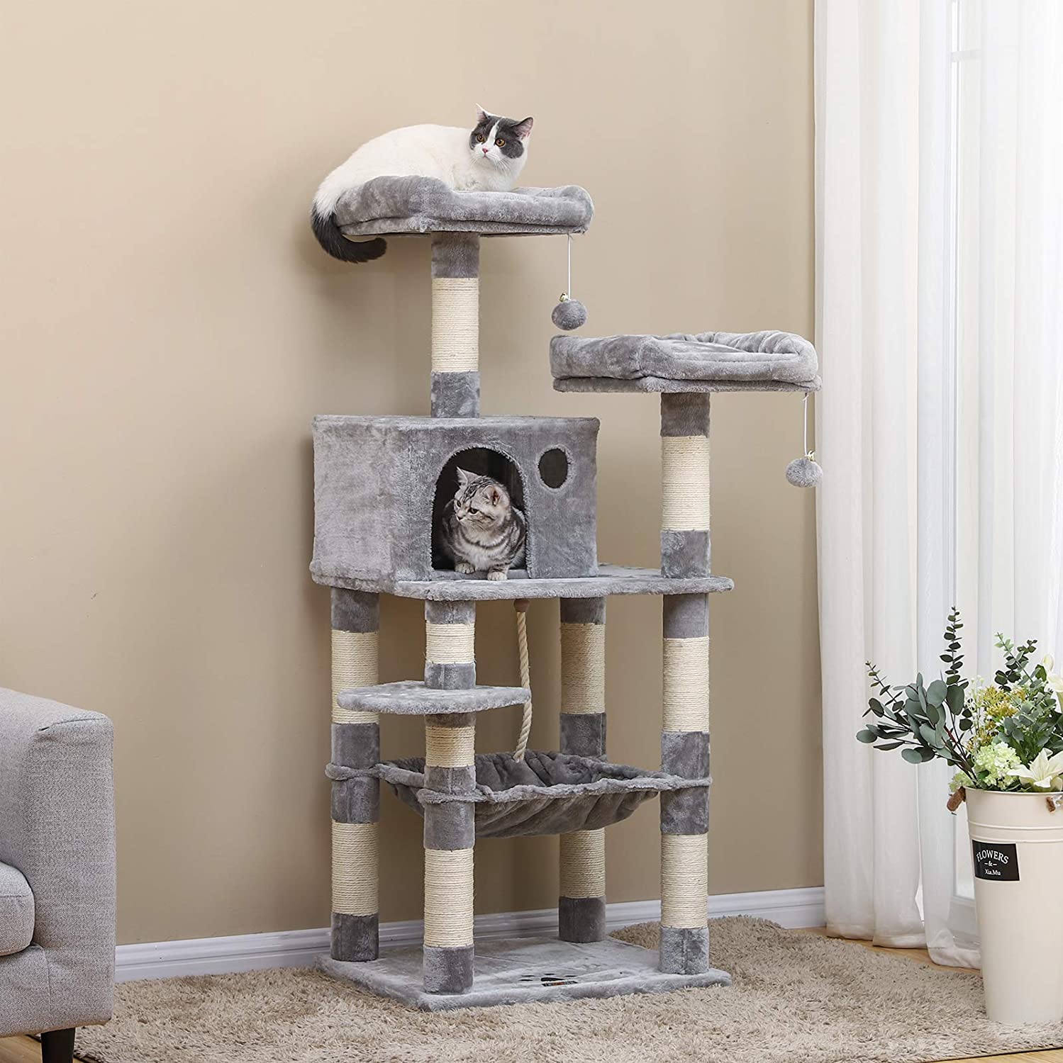 Stabilna mačja penjalica s kućicom i grebalicama, 143 cm, svijetlo siva | FEANDREA | FEANDREA-vitahome.hr