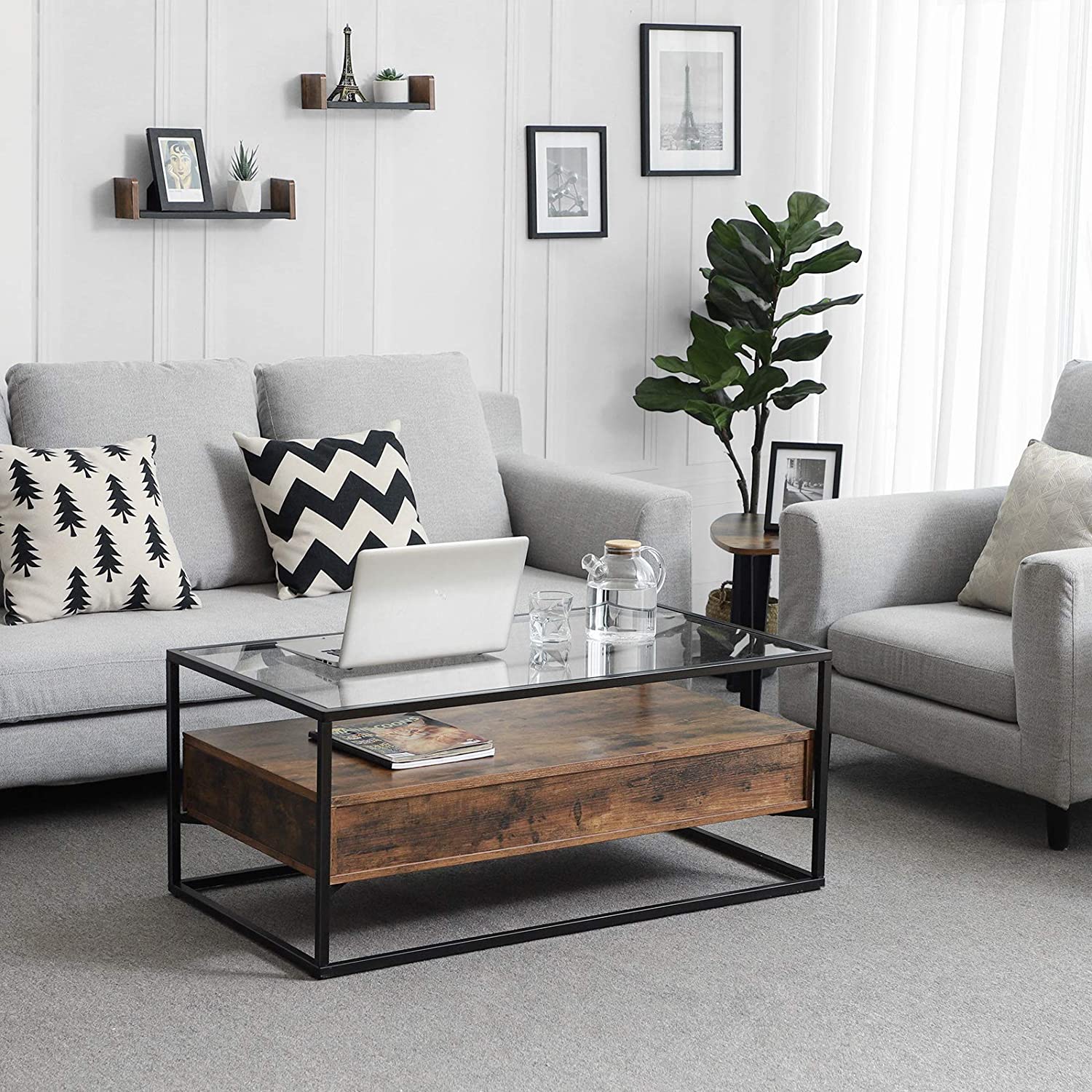 Stakleni stolić za kavu Rustikalni stil 106 x 57 x 45 cm | Vasagle-vitahome.hr