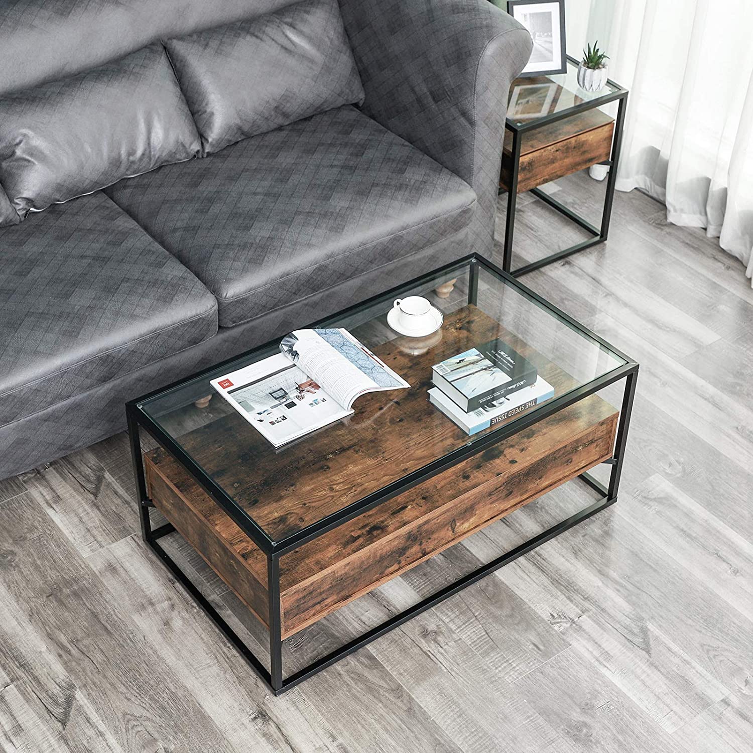 Stakleni stolić za kavu Rustikalni stil 106 x 57 x 45 cm | Vasagle-vitahome.hr