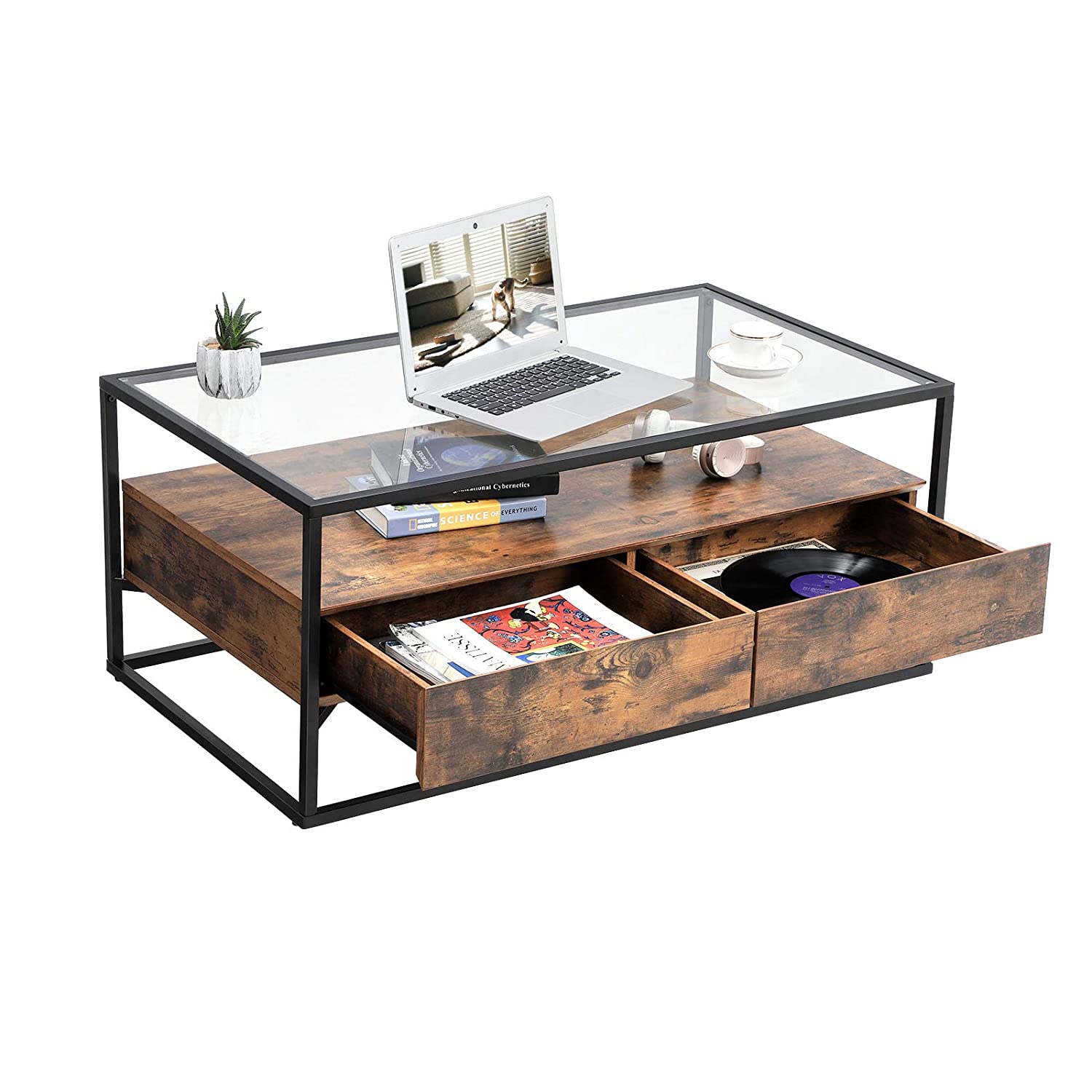 Stakleni stolić za kavu Rustikalni stil 106 x 57 x 45 cm | Vasagle-vitahome.hr