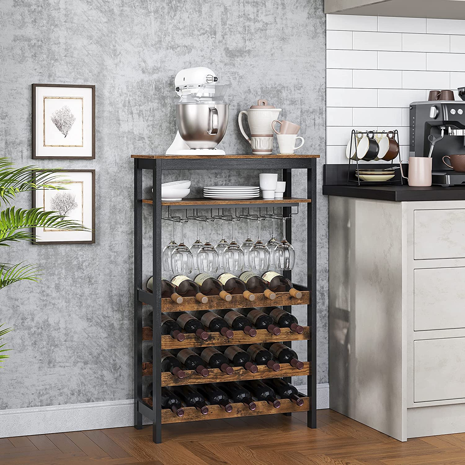 Stalak za 24 boce vina s držačem za čašu, 66 x 100 x 30 cm, rustikalno smeđa | SONGMICS-vitahome.hr