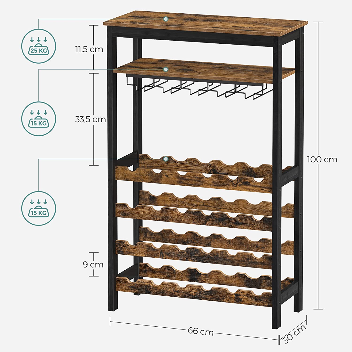 Stalak za 24 boce vina s držačem za čašu, 66 x 100 x 30 cm, rustikalno smeđa | SONGMICS-vitahome.hr