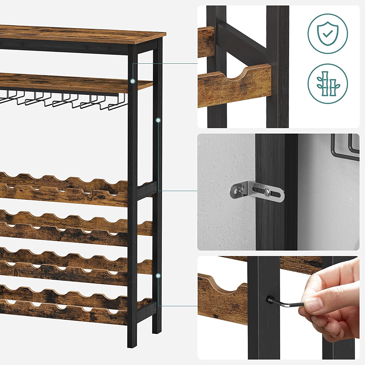 Stalak za 24 boce vina s držačem za čašu, 66 x 100 x 30 cm, rustikalno smeđa | SONGMICS-vitahome.hr