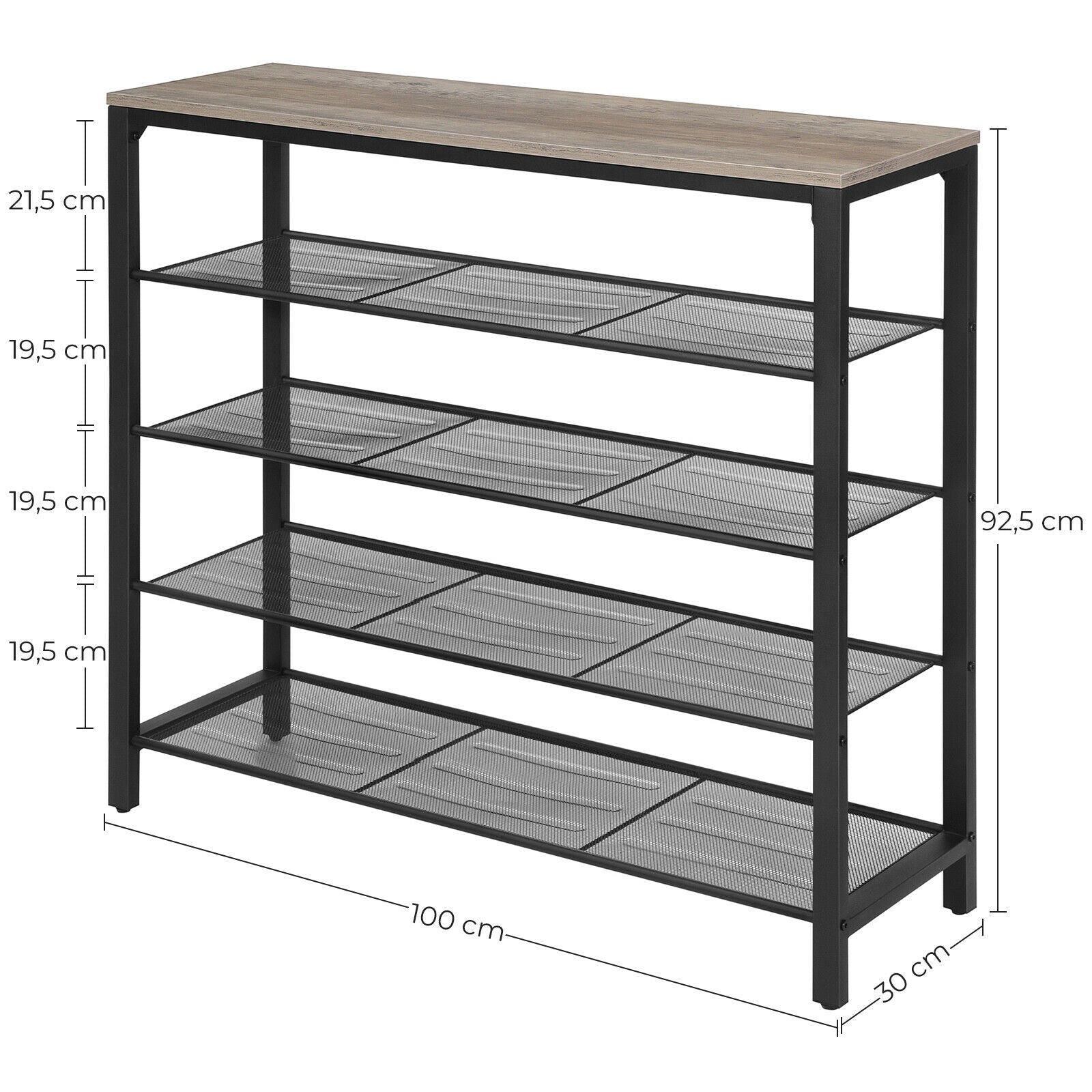Stalak za cipele na 5 razina, metalne mrežaste police, 100x30x92,5 cm, sivo-crni | VASAGLE-vitahome.hr