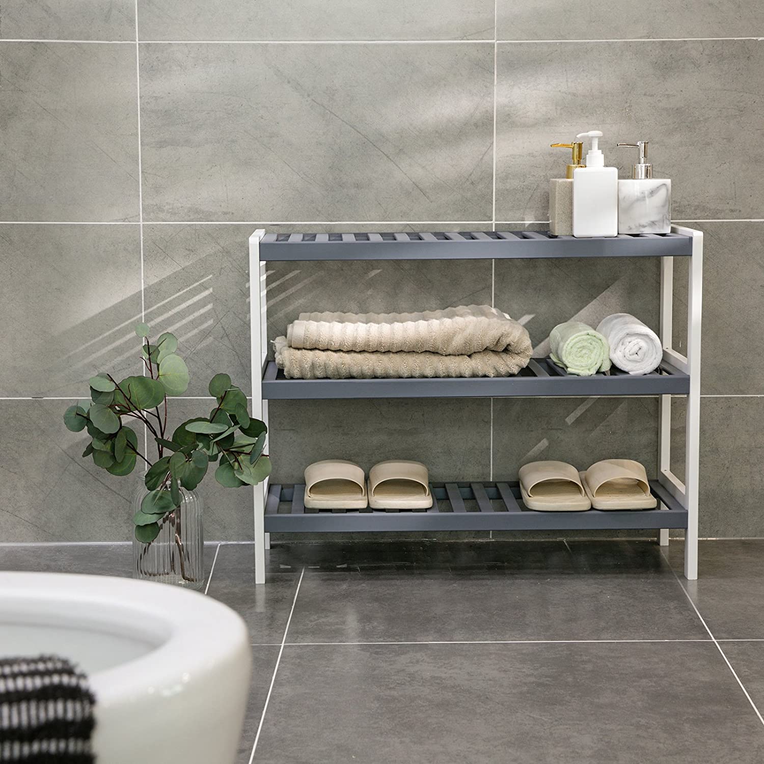 Stalak za cipele od bambusa na 3 razine, 70 x 55 x 26 cm, bijela i siva | SONGMICS-vitahome.hr