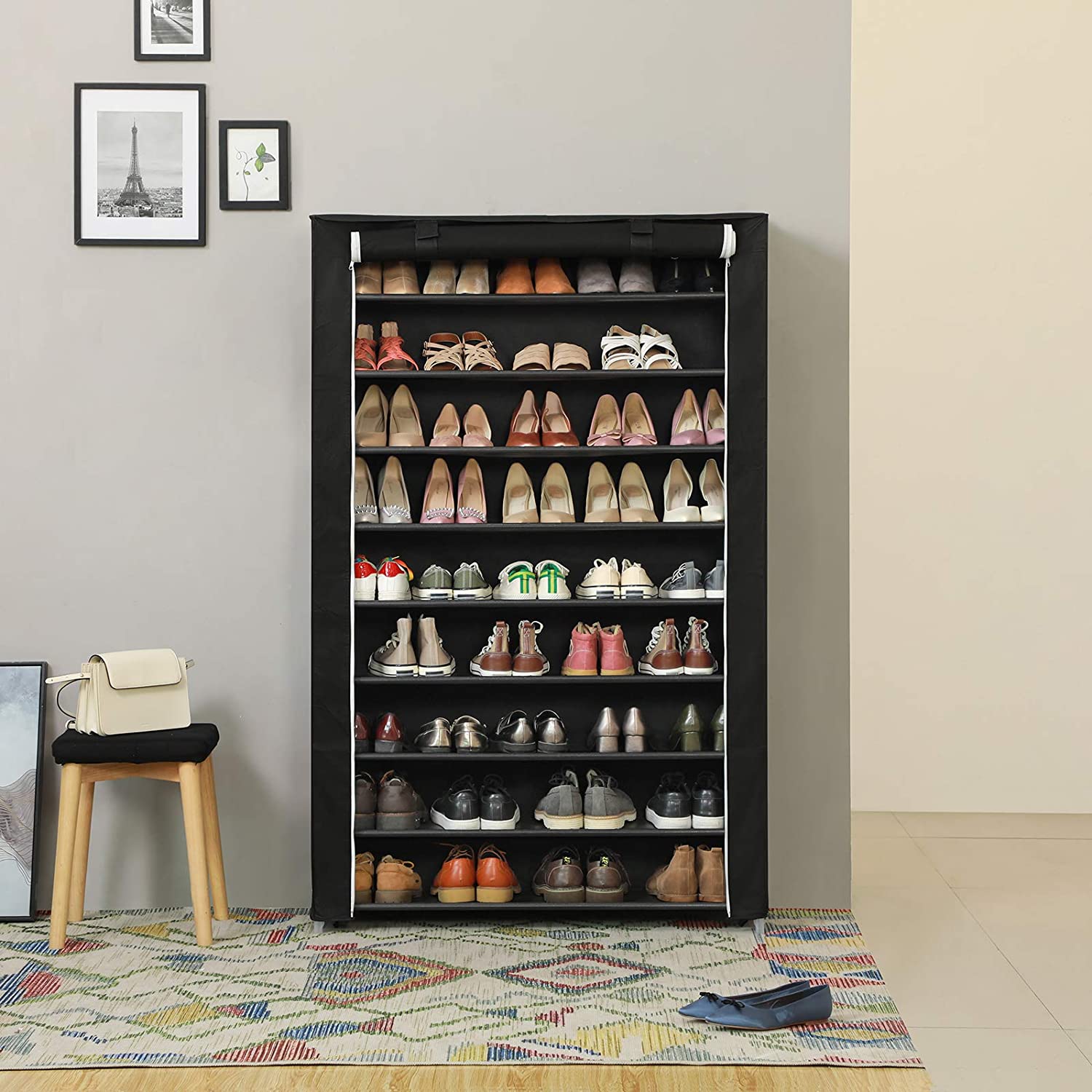 Stalak za cipele od tkanine, na 9 razina 100x28x162 cm, do 45 pari cipela, crni | SONGMICS-vitahome.hr