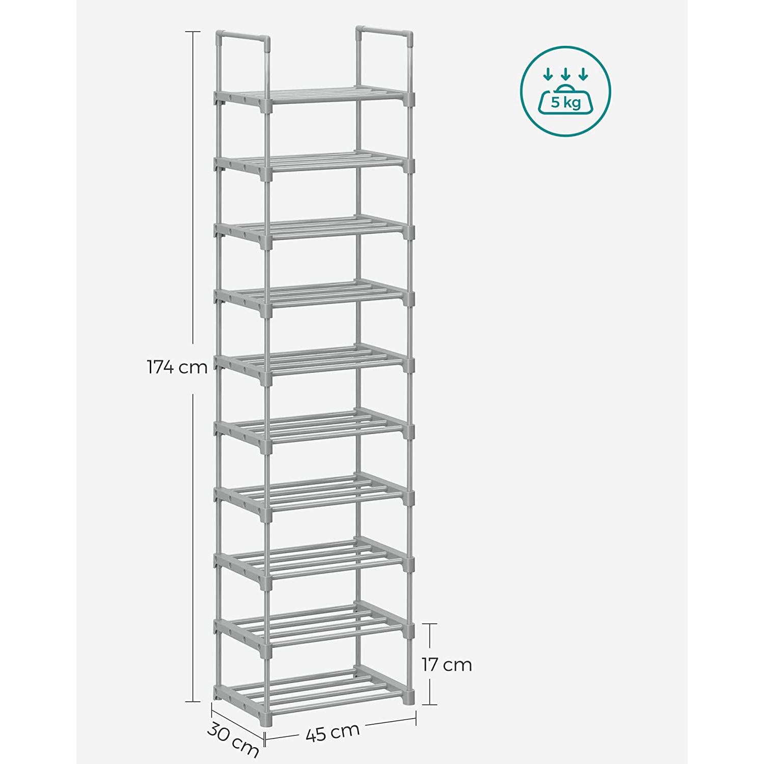 Stalak za cipele s 10 polica, 45 x 30 x 174 cm, siva boja | SONGMICS-vitahome.hr