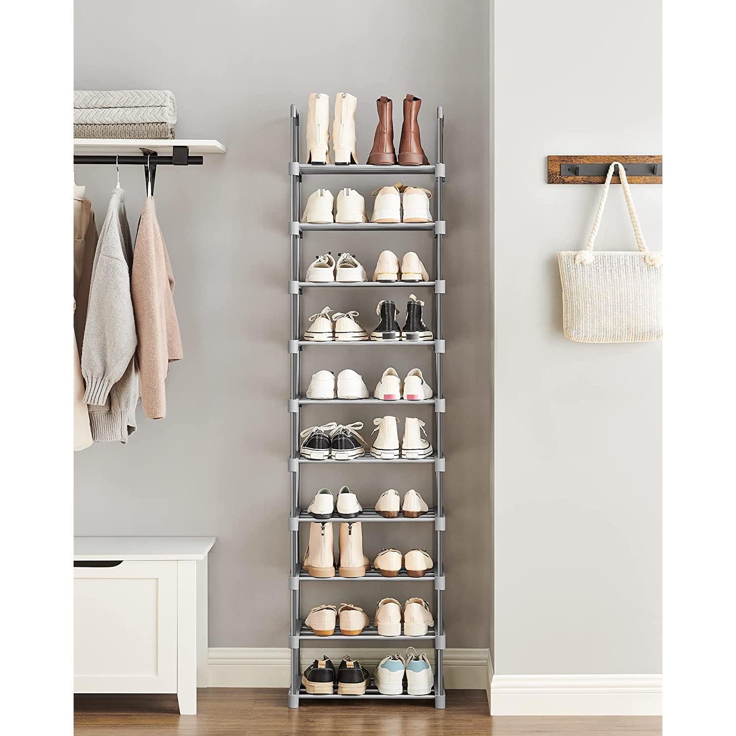 Stalak za cipele s 10 polica, 45 x 30 x 174 cm, siva boja | SONGMICS-vitahome.hr